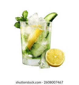 Glass of Lemon Cucumber Cocktail with mint and ice. Tasty fruit smoothie tropical cocktail or lemonade. illustration isolated on white background