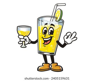 Glass of Lemon drink lemonade with a glass of drink cartoon mascot illustration character vector clip art