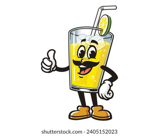 Glass of Lemon drink lemonade with mustache cartoon mascot illustration character vector clip art