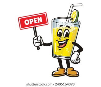Glass of Lemon drink lemonade with open sign board cartoon mascot illustration character vector clip art