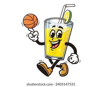 Glass of Lemon drink lemonade playing basketball cartoon mascot illustration character vector clip art