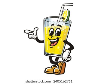 Glass of Lemon drink lemonade with pointing hand cartoon mascot illustration character vector clip art