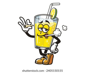 Glass of Lemon drink lemonade is smoking cartoon mascot illustration character vector clip art