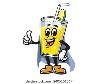 Glass of Lemon drink lemonade with superhero style cartoon mascot illustration character vector clip art