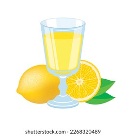 Glas Zitronensaft, Vektorgrafik. Limoncello Italienische Zitronenlikör Symbol, Vektorgrafik einzeln auf weißem Hintergrund. Gemälde aus Zitronengetränk