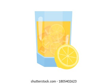 Glass of lemon juice with ice icon vector. Halved lemon vector. Yellow lemon slice icon. Glass of lemonade icon isolated on a white background. Refreshing summer drink vector