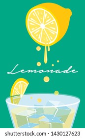 Glass of Lemon juice isolated on colourful Background and realistic fruit illustration , Lemonade cartoon poster design - vector