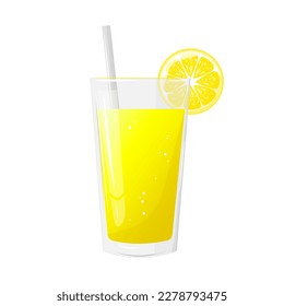 Un vaso de jugo de limón y una rebanada de limón. Zumo natural fresco y exprimido. Una dieta saludable. El concepto de diseño de una página web, publicidad, café, menú. Ilustración vectorial.