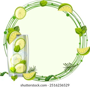 Vaso de bebida de menta de limón con marco circular