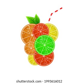 Glass with lemon orange lime and grapefruit, vector art illustration.