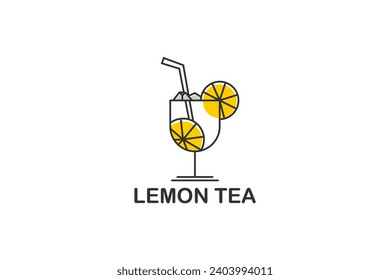 A glass of lemon tea drink with a straw logo vector design.