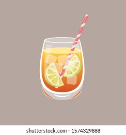 a glass of lemon tea, refreshing drink with two pieces of slice lemon, vector, illustration. 