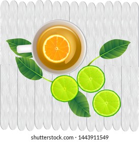 Glass of lemon tea and sliced ​​lemon and leaves on the table, vector