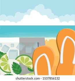 glass with lemon tropical juice and flip flops vector illustration design