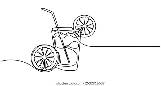 Glass of lemonade, or cocktail with lemon. Continuous line drawing, One continuous line drawing of fresh delicious lemonade ice with sliced lemon for restaurant, Continuous one line drawing of lemonad