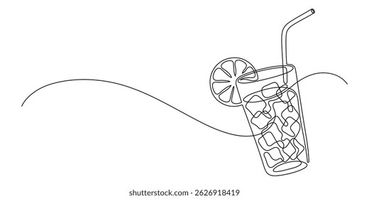 Glass of lemonade, or cocktail with lemon. Continuous line drawing.