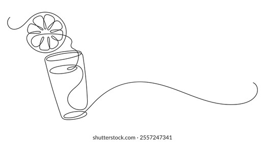 Glass of lemonade, or cocktail with lemon. Orange juice. Continuous line drawing.