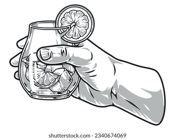 Glass lemonade detailed element monochrome with man hand holding glassful with cold summer drink made from lemon juice vector illustration