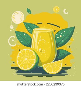 Glass of lemonade with fresh cut yellow Fresh lemons Fruit and mint leaf vector illustration 