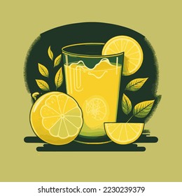 Glass of lemonade with fresh cut yellow Fresh lemons Fruit and mint leaf vector illustration 