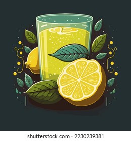 Glass of lemonade with fresh cut yellow Fresh lemons Fruit and mint leaf vector illustration 