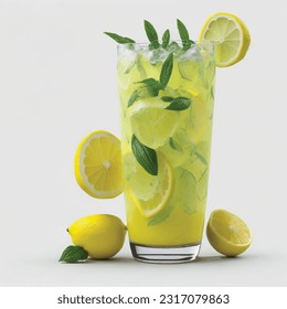 Glass of lemonade with fresh cut yellow Fresh lemons Fruit and mint leaf vector illustration
