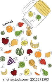 A glass of lemonade with fruit. Different fruits fall out of the glass. For trade. Glass of lemonade. Vector illustration. Various organic products for healthy eating. Place for text.