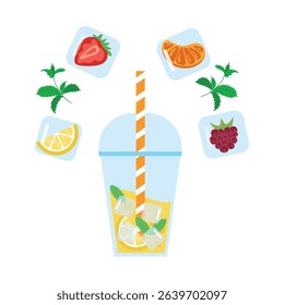 Glass of lemonade with fruits in ice. Vector illustration. Plastic glass of lemonade with straw, lemon pieces, ice, mint.