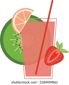 A glass of lemonade with a grapefruit slice, strawberries, kiwi slice and straws. summer drink. Refreshing drink. Isolated vector flat illustration.