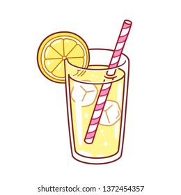 Glass of lemonade with ice cubes, lemon wedge and paper straw. Bright cartoon style vector illustration.