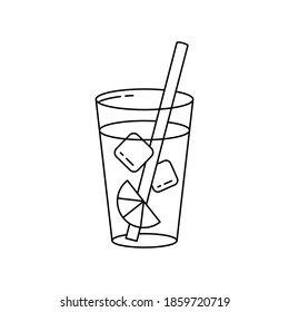 Glass of lemonade with ice cubes, lemon slice and straw. Linear icon of summer drink. Black simple illustration. Contour isolated vector pictogram on white background