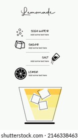 A glass of lemonade with ice cubes, lemon, salt, sugar, and soda water. Summer drink menu. Refreshing beverage. Vector Illustration.