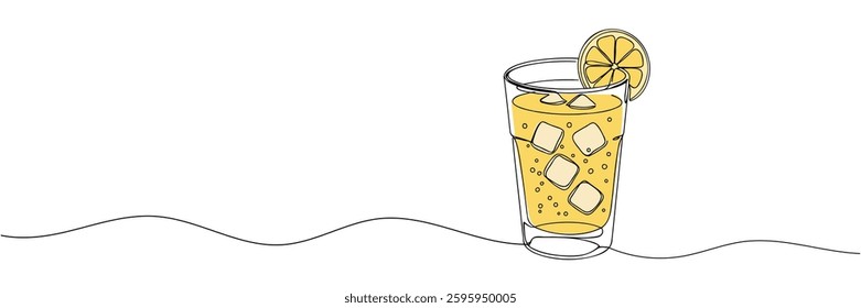 Glass of lemonade with ice, drink with drinking straw. Continuous one line drawing. Vector illustration