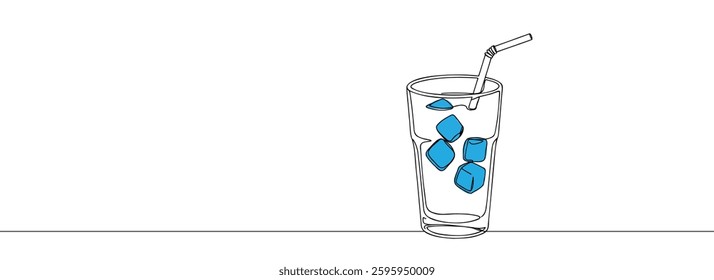 Glass of lemonade with ice, drink with drinking straw. Continuous one line drawing. Vector illustration