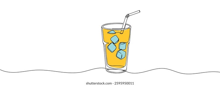 Glass of lemonade with ice, drink with drinking straw. Continuous one line drawing. Vector illustration
