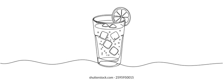 Glass of lemonade with ice, drink with drinking straw. Continuous one line drawing. Vector illustration