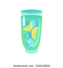 Glass of lemonade with ice and lemon slices isolated on white background. Vector cartoon illustration.