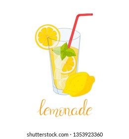 Glass of lemonade with ice and mint. Hand drawn postcard.