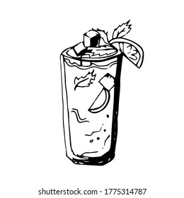 A glass of lemonade with ice and mint. Sketch with a cocktail with orange and lemon slices on a white background.