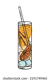 Glass of lemonade with ice and orange and apple slice and straw, sketch of lemonade in a glass, hand drawing of a glass of lemonade, isolated vector illustration. Vector illustration of doodles.