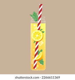 Glass lemonade jar, cocktail tube. Sliced lemon fruits, refreshing ice drink, fresh yellow juice. Vector textured illustration