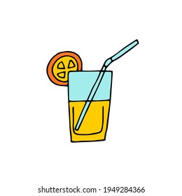 A glass of lemonade, juice. Cooling drink. Cocktail tube, orange slice. Vector. Doodle. Freehand drawing.