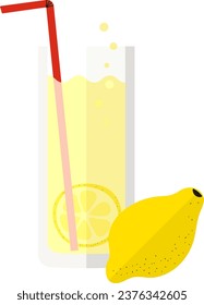 Glass of lemonade with lemon. Carbonated soft drink in a transparent tall glass with a straw. Citrus sour fruit and round piece. Bubbles. Flat design. Isolated object. Vector illustration