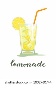 Glass of lemonade. Glass of lemon cocktail with straw on white background. Vector illustration 