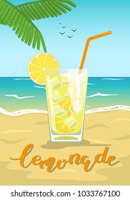 Glass of lemonade. Glass of lemon cocktail with straw on summer sea beach. Vector illustration