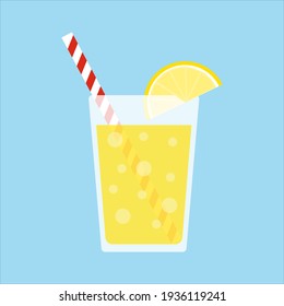 Glass Of Lemonade With A Lemon Half Slice And A Stripped Straw. Summer Drink. Refreshing Beverage. Isolated Vector Flat Illustration.