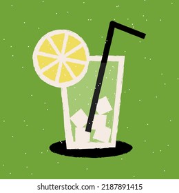 Vidrio de limonada con mitad limón y paja.