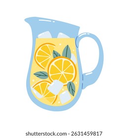 Glass of lemonade with a lemon half slice and a stripped straw. Summer drink. Refreshing beverage. Isolated vector flat hand drawn illustration.