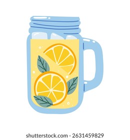 Glas Limonade mit einer Zitronenhalbscheibe und einem abgestreiften Stroh. Sommergetränk. Erfrischendes Getränk. Isolierte, flache, handgezeichnete Vektorgrafik.