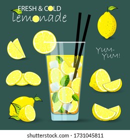 Glass of lemonade. Lemon juice bubble drink with labels and typography, summer cold cocktail.